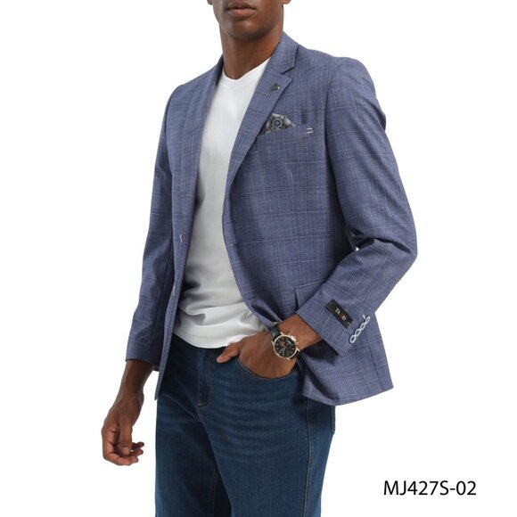 Blue Textured Windowpane Notch Lapel Slim Fit Tazzio Men's Jacket - Picture 3 of 4